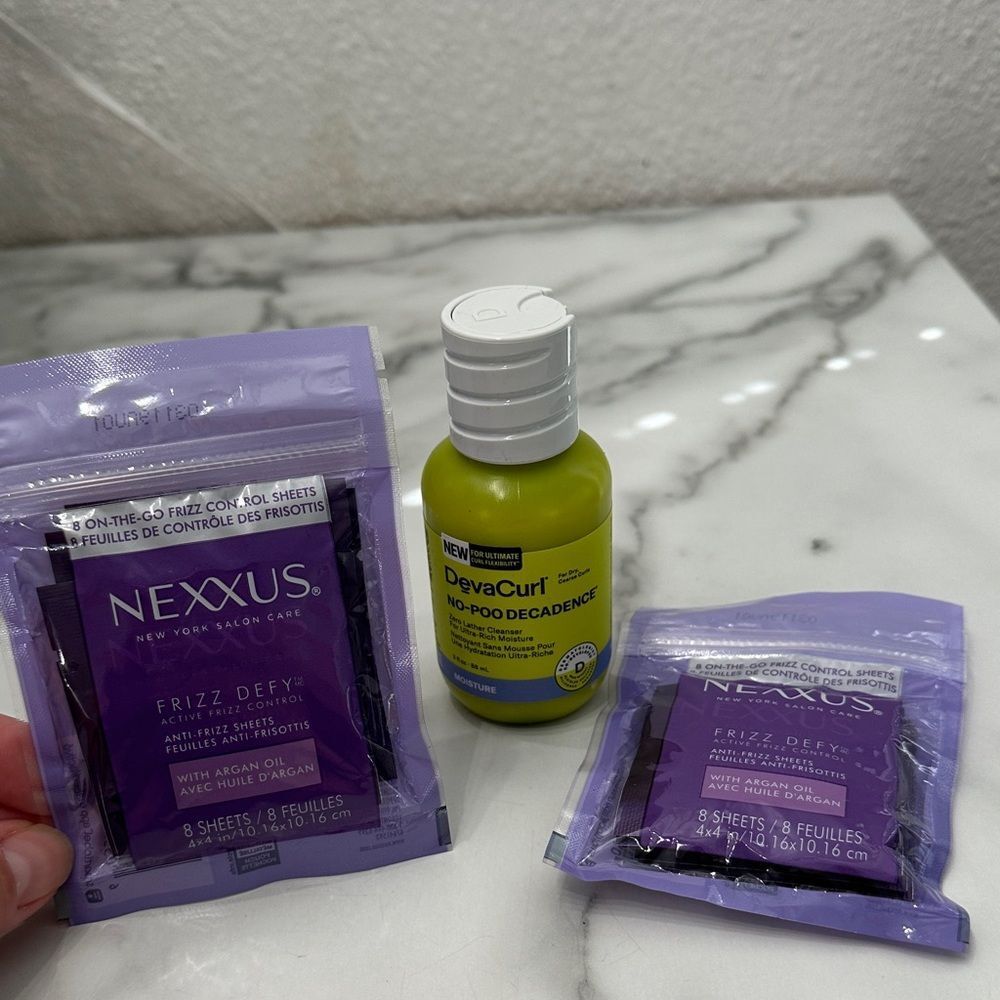 Nexxus Frizz Defy Sheets and DevaCurl No-Poo Decadence